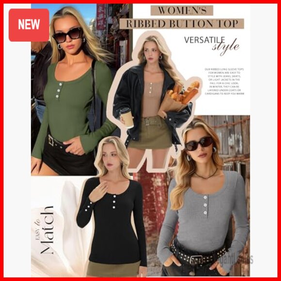 Long Sleeve Henley Shirts Slim Fit Ribbed Knit Tops 4 Pack - Picture 2 of 7